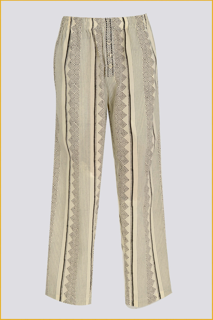 Colvert - Cotton Voile Block Print Long Pants with Hand Carved Bone Buttons (7424871923908)