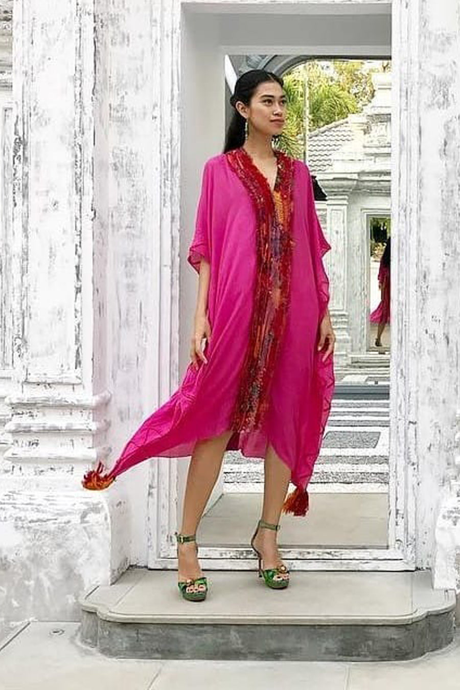 Gemma Ruffle Silk Kaftan Dress -  Silk Cotton with Chiffon (4709719900265)